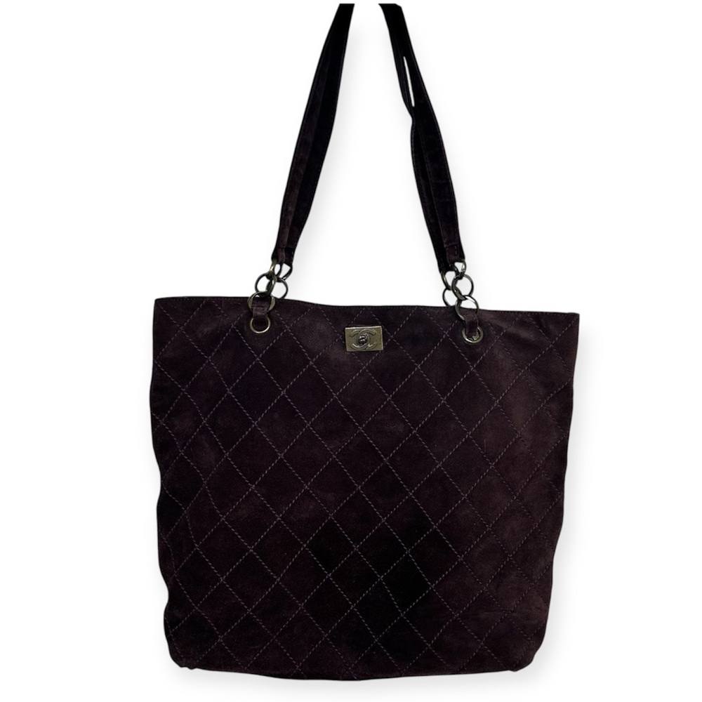 CHANEL Dark Brown Quilted Suede Shoulder Tote with Gold Hardware - Picture 2 of 14